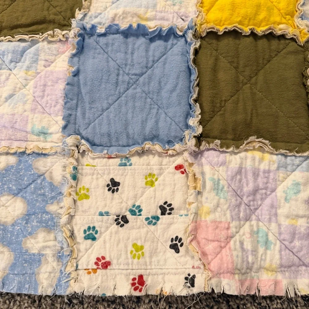 Handmade Patchwork Rag Quilt Blanket Nursery Toddler Blue Yellow Olive 53